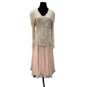 LAURENCE KAZAR Vintage Beaded Blush/Pink long sleeve dress L romance lace beads
